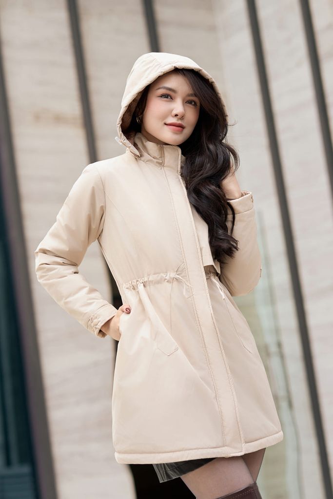  Áo parka nữ dáng dài Smile lót lông chất gió tráng Poly 50D chống nước 