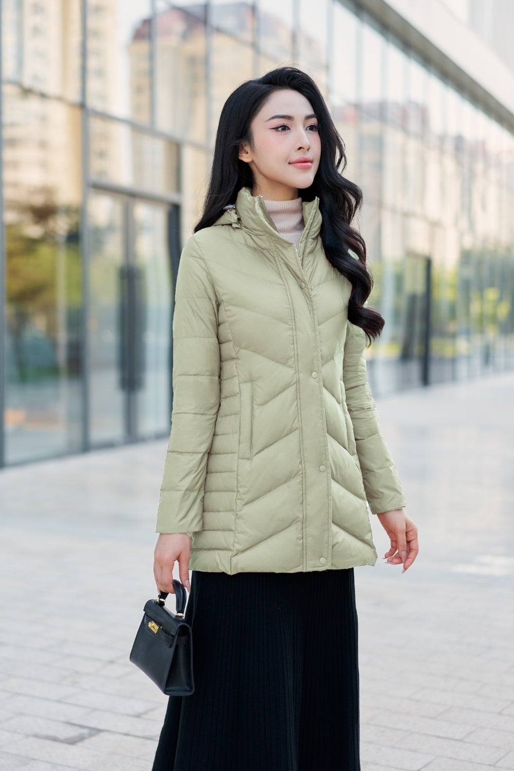 Áo khoác lông vũ nữ dáng lỡ siêu nhẹ cách điệu tạo eo giữ ấm tuyệt đối