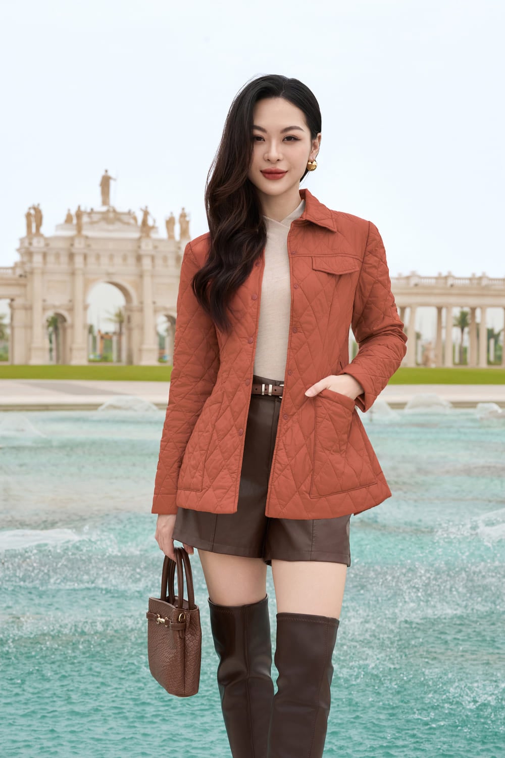 Áo khoác phao nữ dáng lửng Happy chần trám đai eo