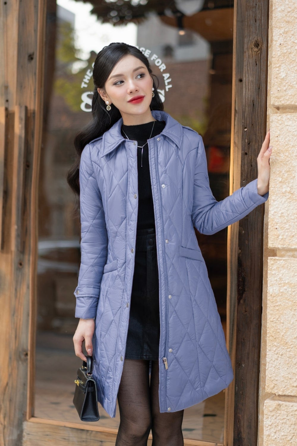 Áo phao nữ chần trám dáng dài công nghệ lõi bông siêu nhẹ Nhật Bản