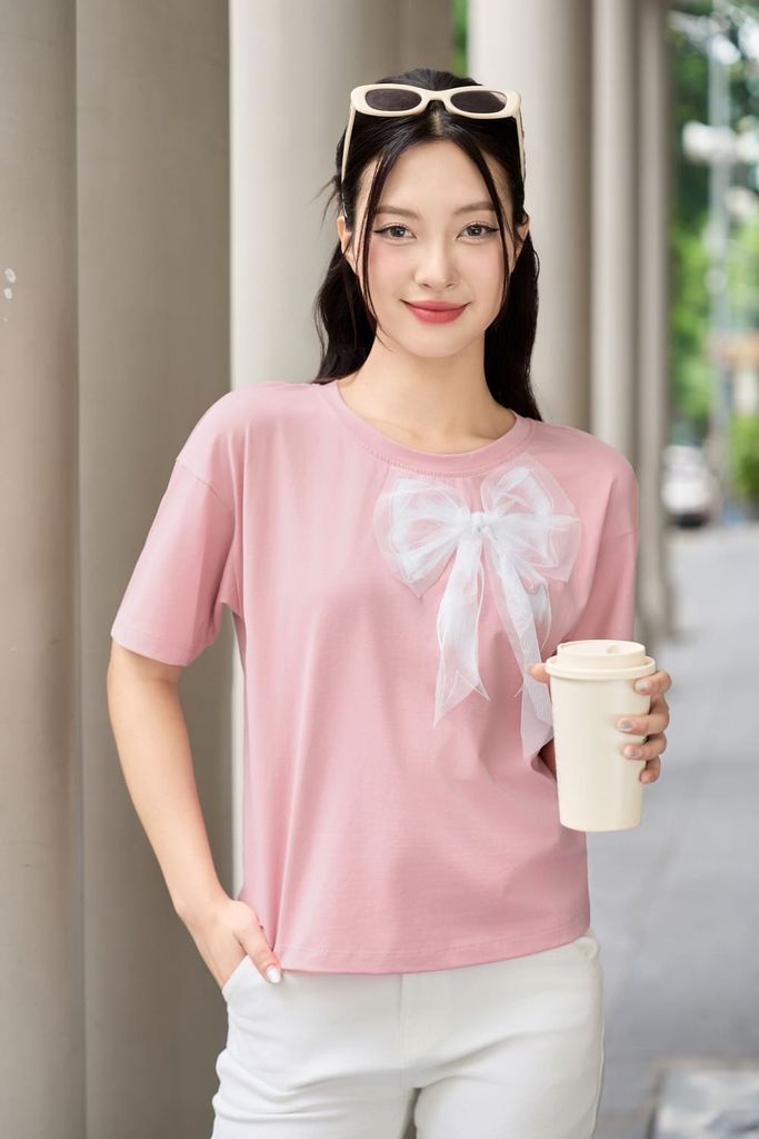  Áo phông nữ chất cotton vai chờm đính nơ nữ tính 