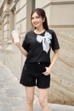  Áo phông nữ chất cotton vai chờm đính nơ nữ tính 