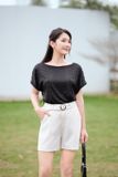  Áo phông nữ chất cotton thêu tay liền đính cúc ngọc trang trí vai 