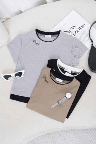 Áo Croptop Nữ Younger by Cardina Dáng Ngắn Vải Tăm Co Giãn Phối Cổ