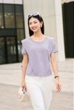  Áo phông nữ chất cotton cổ tròn vai cách điệu tag kim loại ngực 