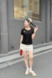  Áo phông nữ chất cotton bo viền đính tag nơ 