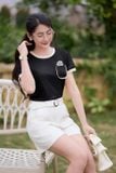  Áo phông nữ ngắn tay chất cotton cổ tròn phối có túi 