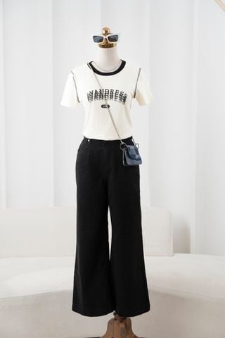 Áo phông nữ chất cotton phối cổ diễu chỉ in chữ