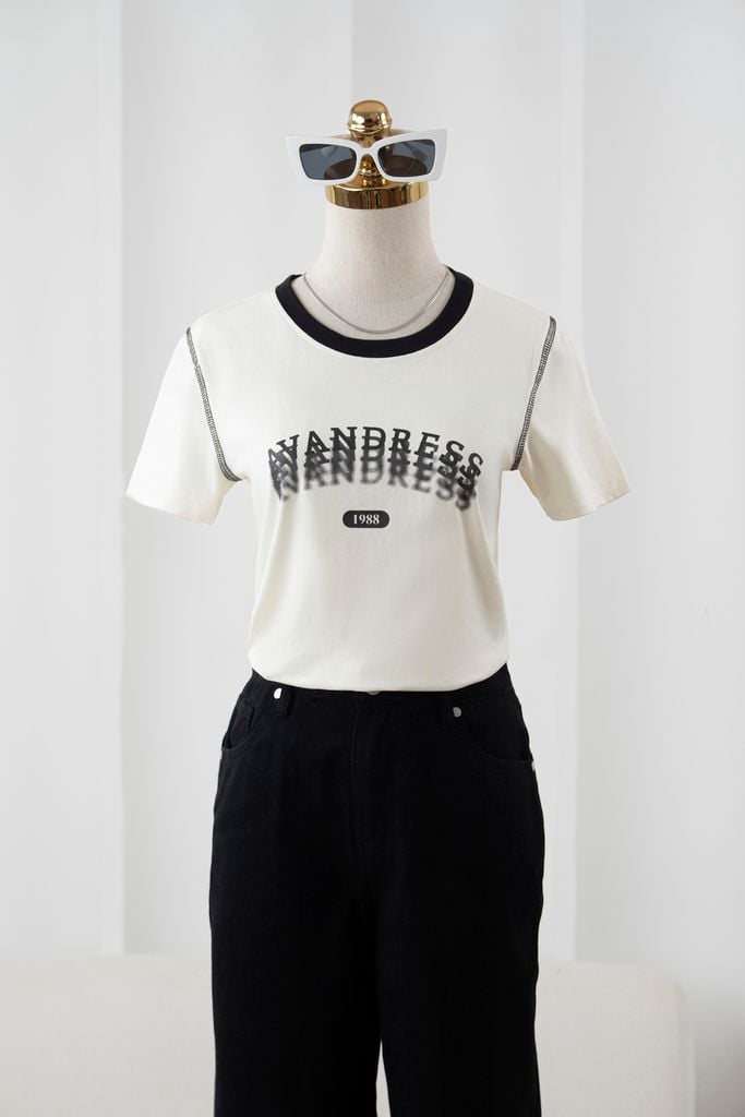  Áo phông nữ chất cotton phối cổ diễu chỉ in chữ 