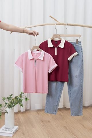 Áo polo nữ cổ khóa phối màu chất cotton mềm mát
