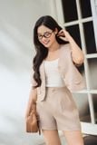  Áo kí giả nữ dáng ngắn cổ tim bầu chất chéo phẩy 