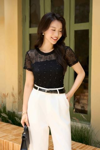Áo kiểu ren nữ Younger vải ren thiết kế ép đá ngắn tay cổ tròn
