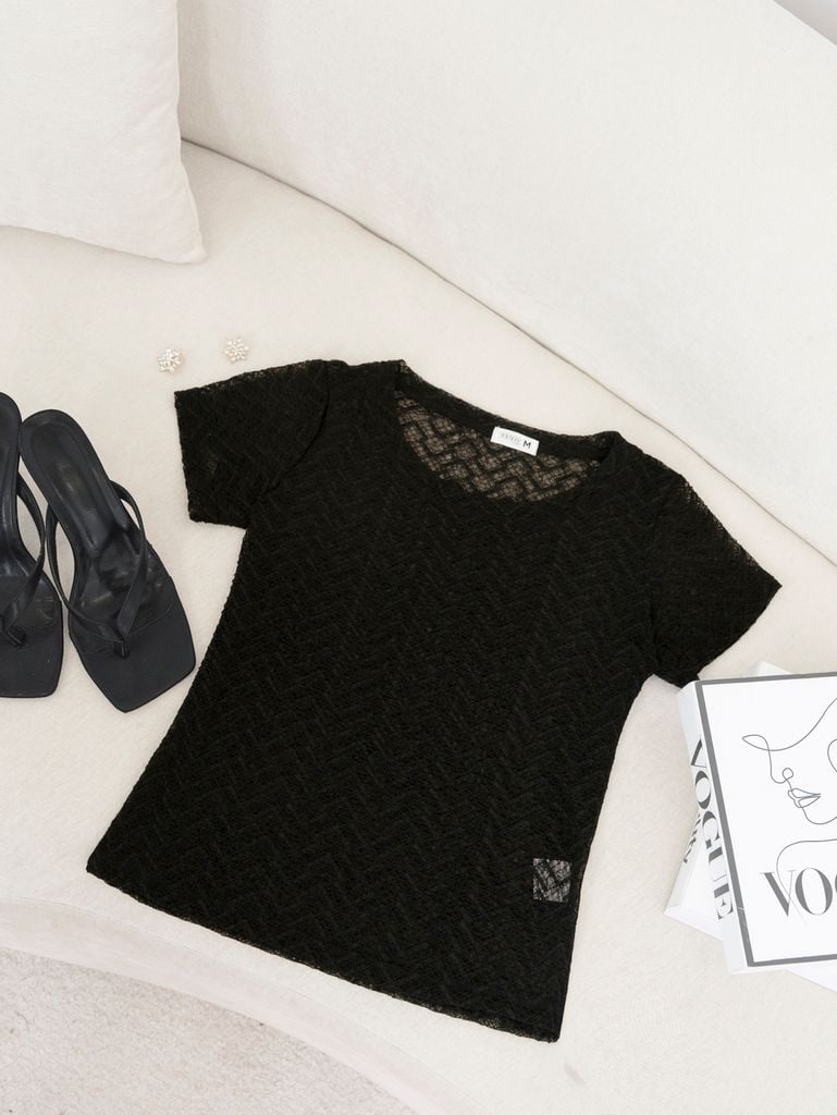  Áo kiểu nữ chất liệu ren dệt quả trám cổ tròn ngắn tay 