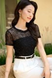  Áo kiểu ren nữ Younger vải ren thiết kế ép đá ngắn tay cổ tròn 