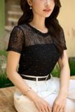  Áo kiểu ren nữ Younger vải ren thiết kế ép đá ngắn tay cổ tròn 