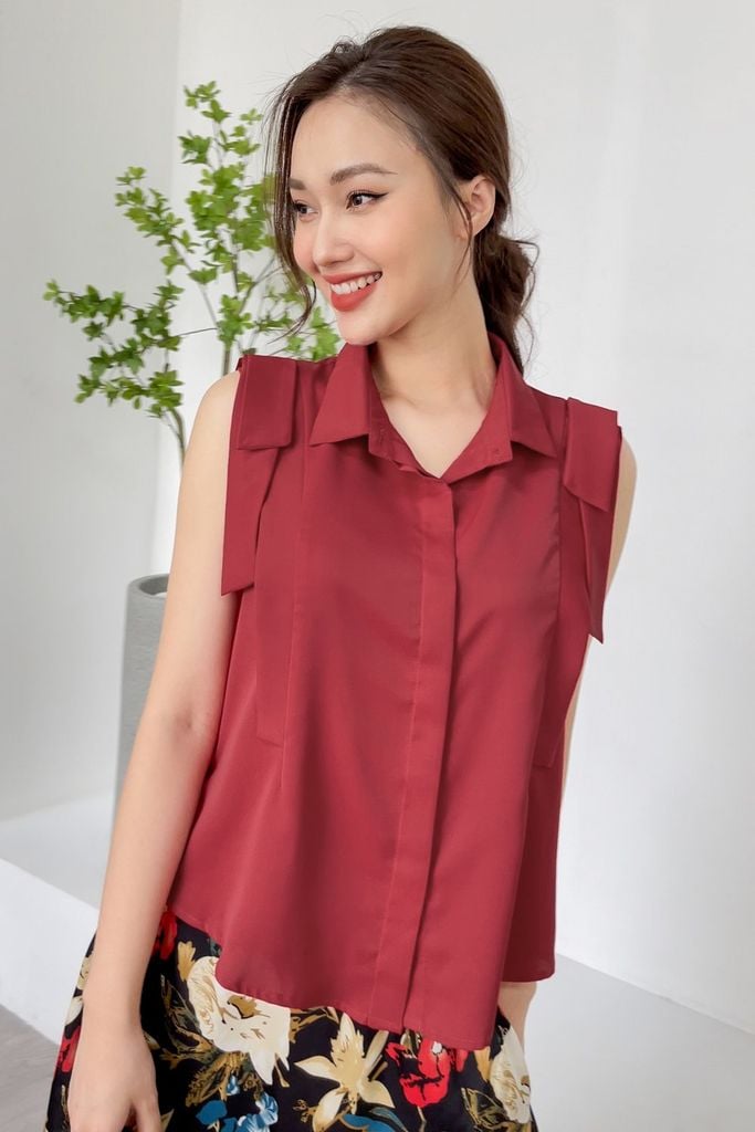  Áo sơ mi mango sát nách nơ vai form giấu bụng phù hợp với mọi độ tuổi 