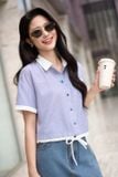  Áo sơ mi nữ chất thô kẻ dáng croptop rút gấu trẻ trung 