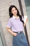  Áo sơ mi nữ chất thô kẻ dáng croptop rút gấu trẻ trung 