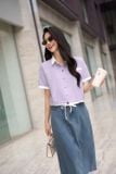  Áo sơ mi nữ chất thô kẻ dáng croptop rút gấu trẻ trung 