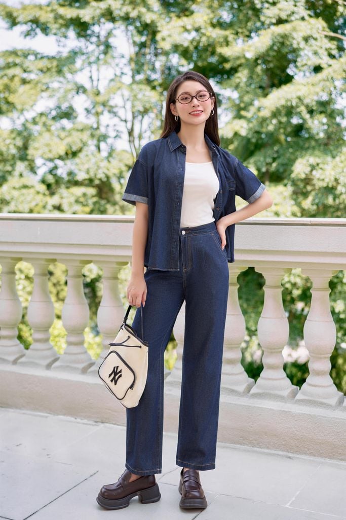  Quần bò giấy ống suông cạp cao tôn dáng, che khuyết điểm chân 