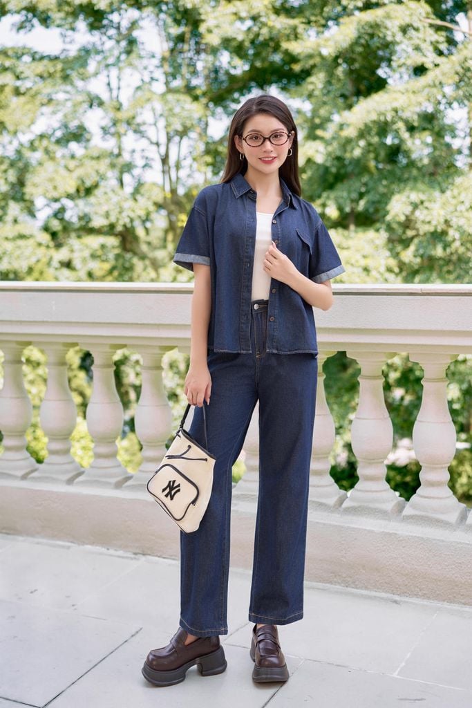  Quần bò giấy ống suông cạp cao tôn dáng, che khuyết điểm chân 