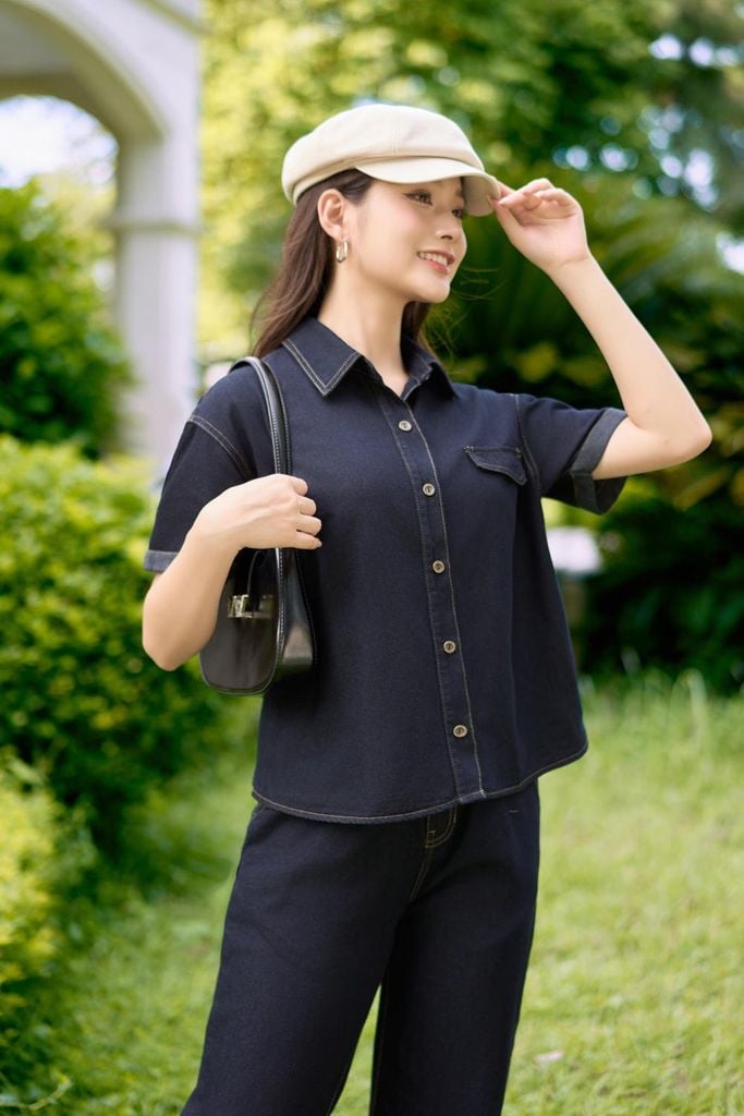  Áo sơmi bò giấy vai chờm cổ đức theo phong cách trẻ trung, sành điệu 