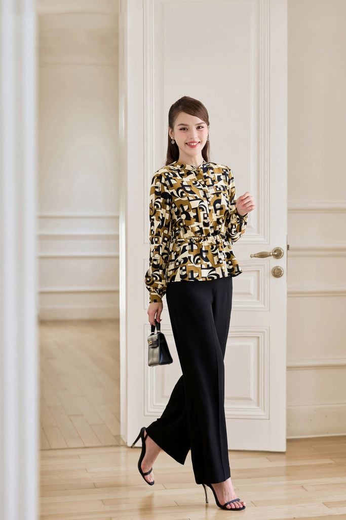  Áo sơ mi kiểu nữ chất lụa Hàn Châu rút eo peplum họa tiết 