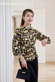  Áo sơ mi kiểu nữ chất lụa Hàn Châu rút eo peplum họa tiết 
