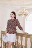  Áo sơ mi kiểu nữ chất lụa Hàn Châu rút eo peplum họa tiết 