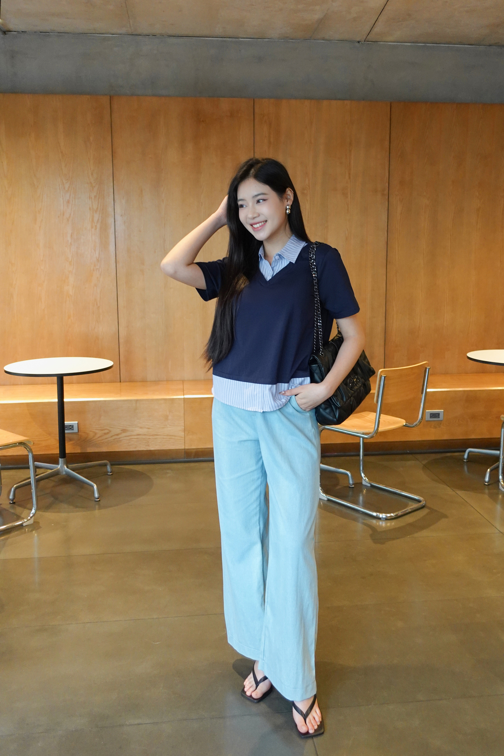 Áo kiểu nữ chất liệu cotton phối cổ sơ mi kẻ