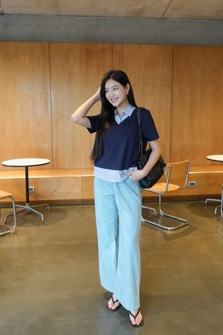 Áo kiểu nữ chất liệu cotton phối cổ sơ mi kẻ