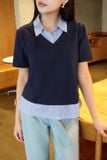  Áo kiểu nữ chất liệu cotton phối cổ sơ mi kẻ 