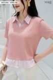  Áo kiểu nữ chất liệu cotton phối cổ sơ mi kẻ 