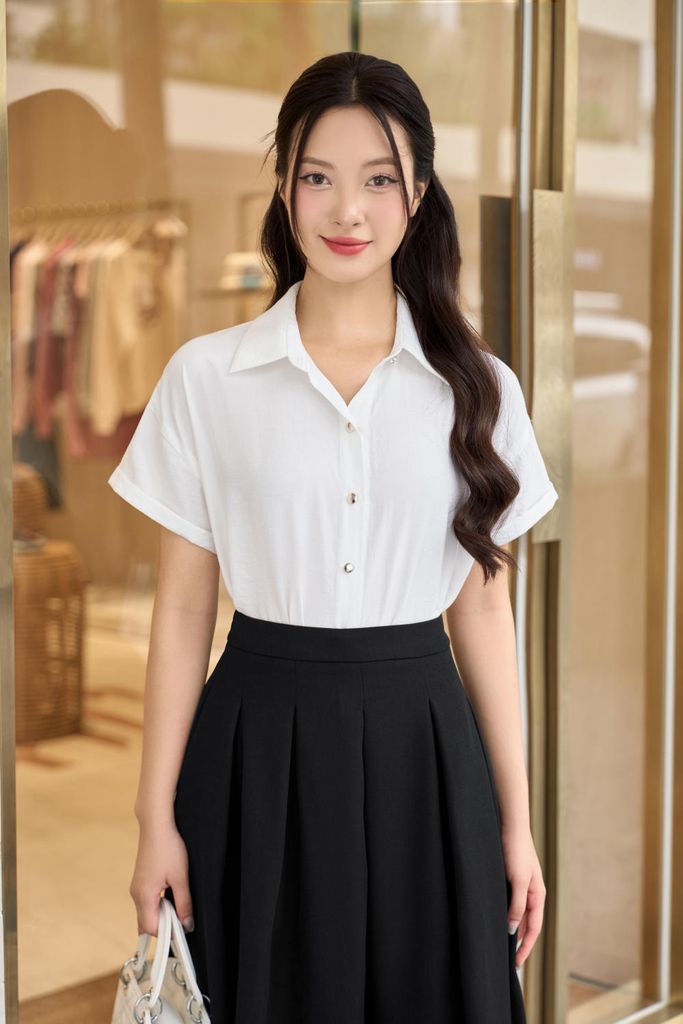  Áo sơ mi nữ cổ đức chất thô đũi vai chờm tay lơ vê 