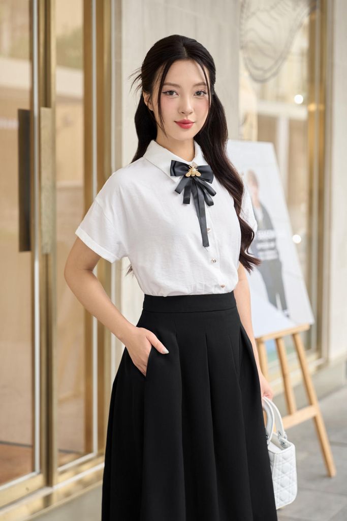  Áo sơ mi nữ cổ đức chất thô đũi vai chờm tay lơ vê 