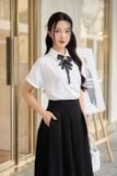  Áo sơ mi nữ cổ đức chất thô đũi vai chờm tay lơ vê 