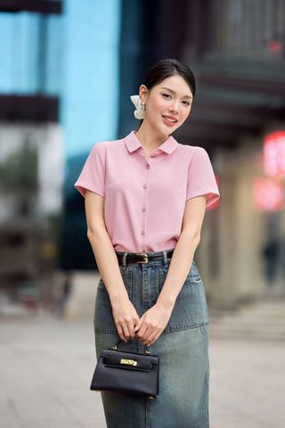 Áo sơ mi cổ đức nữ chất lụa tuyết dáng cộc tay