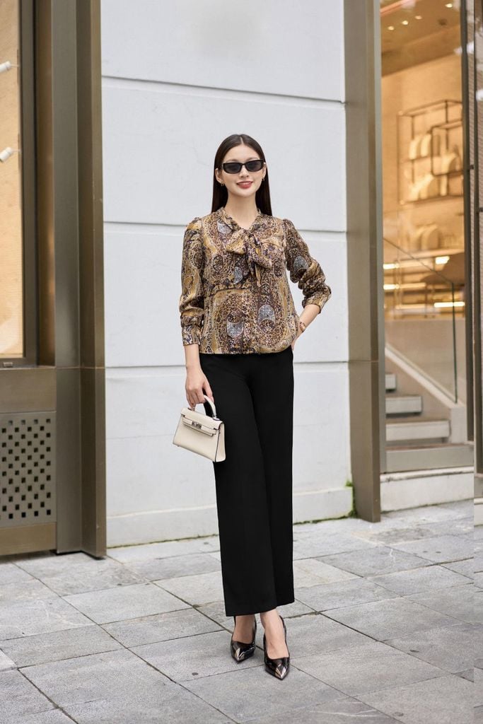  Áo sơ mi cổ nơ tay dài chất tằm lụa mềm mại, nhẹ mát 