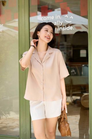 Áo sơ mi nữ dòng Younger vải đũi tơ thiết kế dáng suông cổ 2 ve