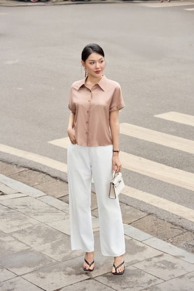 Áo sơ mi nữ chất lụa kiểu dáng tay liền cổ nhạn