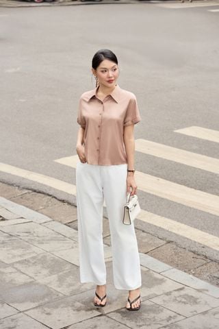 Áo sơ mi nữ chất lụa kiểu dáng tay liền cổ nhạn