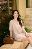  Áo sơ mi nữ dòng Younger vải đũi tơ thiết kế dáng suông cổ 2 ve 