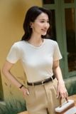  Áo thun nữ Cardina vải tăm cotton dáng cổ tim trơn màu 