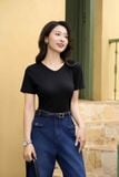  Áo thun nữ Cardina vải tăm cotton dáng cổ tim trơn màu 