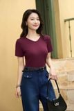  Áo thun nữ Cardina vải tăm cotton dáng cổ tim trơn màu 