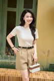  Áo thun nữ Cardina vải tăm cotton dáng cổ tim trơn màu 