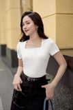  Áo thun nữ chất liệu tăm lạnh cổ vuông tay bồng Cardina 