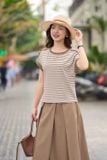  Áo phông nữ chất cotton dáng tay liền cánh dơi họa tiết kẻ ngang phối cúc vai 
