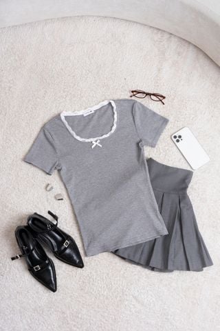 Áo bo zip dáng ngắn cổ U phối ren