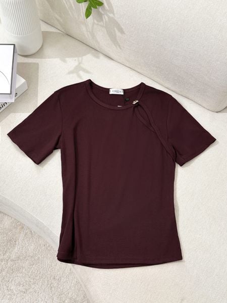 Áo thun nữ dáng cổ xẻ cách điệu phối khuy cotton co giãn